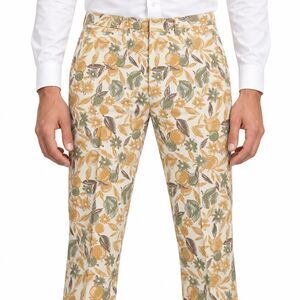 Mens 36 Cream Floral Print Cotton Slim Fit Dress Pants Handmade Trousers NWT